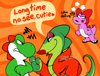 anthro biker biker_girl clothing eyeshadow female flirting green_body green_scales group head_bow jacket jewelry lipstick makeup orange_background orange_clothing orange_jacket orange_topwear pink_body pink_scales red_bow red_lipstick scales simple_background text topwear trio sigdowee dic_entertainment mario_bros nintendo super_mario_world super_mario_world_(tv_series) birdo_(character) lulu_(super_mario_world) yoshi_(character) birdo dinosaur green_yoshi pink_birdo prehistoric_species reptile scalie yoshi