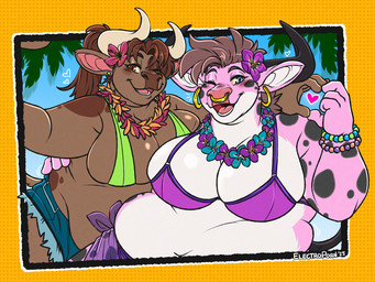 accessory anthro belly big_belly big_breasts bikini bikini_top blush bottomwear bracelet breasts clothing crossgender duo female female/female flower gesture hair hair_accessory heart_gesture heart_symbol horn huge_breasts jewelry lei looking_at_viewer navel necklace obese open_mouth overweight overweight_anthro overweight_female piercing plant shorts simple_background smile smiling_at_viewer spots swimwear taking_picture taking_selfie teeth thick_thighs tongue topwear tropical two-piece_swimsuit conditional_dnp electroporn kasakir_(rainbowdash1x) bovid bovine cattle mammal 4:3 hi_res