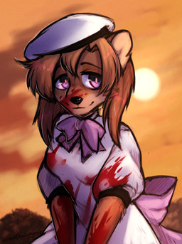 anthro bangs beret blood blood_on_clothing blood_on_face blood_on_hand bodily_fluids bow_ribbon bow_tie breasts clothed clothing dress female hair hat headgear headwear looking_sideways puffy_sleeves short_hair short_sleeves soft_smile solo sunset white_clothing white_dress lonerdemiurge 07th_expansion higurashi_when_they_cry when_they_cry rena_ryugu canid canine mammal absurd_res hi_res