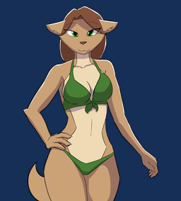 anthro bikini bikini_only breasts brown_hair brown_nose clothed clothing collarbone countershade_torso countershading eyebrows female fingers front_view green_bikini green_bikini_bottom green_bikini_top green_clothing green_eyes green_swimwear hair hand_on_hip looking_at_viewer monotone_bikini monotone_clothing monotone_swimwear solo swimwear teeth two-piece_swimsuit walking kanashiipanda book_of_lust olivia_hart canid canine canis mammal wolf animated