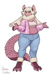 3_toes 5_fingers anthro barefoot bottomwear breasts clothing denim denim_bottomwear denim_clothing feet female fingers hair jacket jeans navel overweight pants simple_background solo standing tail toes topwear white_background wings chimeracauldron capcom monster_hunter flying_wyvern paolumu 2022 digital_media_(artwork) hi_res