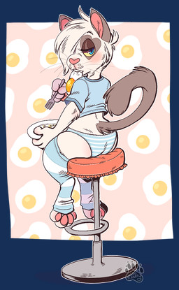 4_toes anthro biped blue_clothing blue_eyes blue_pupils blush bottomwear butt chair clothed clothing crop_top eating eye_half_closed eye_markings feet female food_in_mouth fur furniture hair heart_(marking) heart_nose heart_symbol holding_fork holding_object legs_together legwear logo looking_at_viewer looking_back looking_back_at_viewer markings on_chair one_eye_obstructed panties pattern_background pattern_bottomwear pattern_clothing pattern_legwear pattern_panties pattern_underwear pawpads pink_background pink_inner_ear pink_nose pink_pawpads pupils rear_view shirt simple_background sitting sitting_on_chair sitting_on_stool skimpy solo striped_bottomwear striped_clothing striped_legwear striped_panties striped_underwear stripes sunny_side_up_egg tan_markings teeth text three-quarter_view toes topwear underwear whiskers white_body white_clothing white_fur white_hair yellow_sclera kaijuparty missy_(pastelcore) domestic_cat felid feline felis mammal munchkin_cat 2017 alpha_channel artist_logo artist_name colored shaded