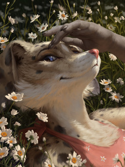 anthro blue_eyes bra brown_body brown_fur closed_smile clothed clothing daisy_(flower) day detailed_background female female_anthro fingernails flower fur grass_field looking_at_viewer lying markings mostly_nude mouth_closed multicolored_body multicolored_fur nails on_back outside photorealism plant realistic smile solo spots spotted_body spotted_fur tan_body tan_fur text three-quarter_view underwear underwear_only white_body white_fur ariesredlo canid canine fox mammal 2025 3:4 artist_name digital_media_(artwork) digital_painting_(artwork) hi_res painting_(artwork) shaded