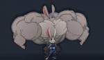 2017 abs angry anthro biceps big_muscles bottomwear clothing disney female flat_chested huge_muscles hyper hyper_muscles judy_hopps lagomorph leporid mammal muscular muscular_anthro muscular_female pants police police_uniform rabbit shirt simple_background smile solo teeth toonpower topwear uniform vest zootopia
