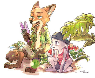 anthro barefoot bottomwear clothed clothing duo feet food fruit fully_clothed fur grey_body grey_fur hat headgear headwear holding_food holding_object melon open_clothing open_shirt open_topwear orange_body orange_fur plant shirt shorts sitting tank_top topwear watermelon kabe2mugi disney zootopia judy_hopps nick_wilde canid canine fox lagomorph leporid mammal rabbit red_fox true_fox 2019