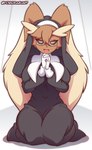 anthro big_breasts biped breasts brown_body brown_fur clothed clothing eyelashes eyewear female front_view fur glasses gloves hair handwear kneeling nun open_mouth praying smile solo thick_thighs yorusagi nintendo pokemon generation_4_pokemon lagomorph leporid lopunny mammal pokemon_(species) hi_res