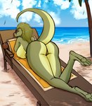 anthro beach beverage big_breasts big_butt bikini breasts butt clothing coconut coconut_drink drupe_(fruit) eyewear female food fruit glasses green_eyes green_hair green_lipstick hair huge_breasts lipstick makeup plant sand seaside sky solo swimwear tail thick_thighs two-piece_swimsuit wide_hips narikusha surrex reptile scalie snake digital_media_(artwork) hi_res