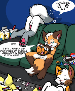 @w@ animal_genitalia animal_penis anthro anus backsack balls blue_eyes blush butt candy canine_genitalia canine_penis chocolate cute_fangs dessert erection fangs food furniture genitals group holidays inside looking_at_viewer male narrowed_eyes nude open_mouth pawpads penis perineum pumpkin_basket seductive simple_background sitting sleeping smile sofa sound_effects speech_bubble spread_legs spreading tail teeth text tilde_before_text vowelless vowelless_sound_effect young young_male zzz twotails halloween canid canine domestic_cat felid feline felis fox lagomorph leporid mammal rabbit absurd_res digital_media_(artwork) english_text hi_res