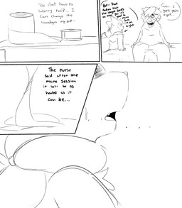 anthro bandage bandage_on_face bed clothing dialogue duo female furniture hoodie male open_mouth shocked sitting text topwear worried spicykiwi nintendo pokemon thomas_(spicykiwi) tulip_(spicykiwi) floragato generation_9_pokemon human mammal pokemon_(species) absurd_res comic english_text hi_res monochrome story