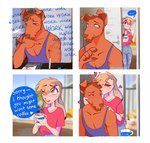 4_panel_comic anthro beverage blonde_hair blush bottomwear boyfriends brown_pawpads canid canine canis chin_tuft clothing coffee coffee_mug denim denim_bottomwear denim_clothing dialogue domestic_dog duo ears_down english_text eyes_closed facial_tuft femboy hair half-closed_eyes heart_symbol heresvix hi_res jeans kissing lagomorph leporid male mammal narrowed_eyes one_eye_closed pants pawpads paws pivoted_ears rabbit romantic shirt speech_bubble t-shirt tank_top text topwear tuft wide_eyed