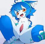 ahoge animal_genitalia animal_penis anthro anus blue_body blue_fur blue_hair blush brown_eyes butt claws cute_fangs erection fangs feet fur genital_slit genitals hair hindpaw kemono male multicolored_body multicolored_fur nude open_mouth pawpads paws penis pupils short_hair shota slit_pupils solo tapering_penis teeth toe_claws toes tongue two_tone_body two_tone_fur white_body white_fur young young_anthro devil-vox devy_(devil-vox) felid feline mammal 2018