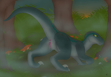 anus bent_over blue_body blue_scales bodily_fluids butt claws detailed_background digitigrade dripping female female_feral feral fog forest fungus genital_fluids genitals mushroom nature outside paws plant presenting presenting_anus presenting_hindquarters presenting_vulva pubic_boot raised_tail scales solo stripes sun tail teeth tree vaginal_fluids vulva yellow_eyes neshi jurassic_park jurassic_world universal_studios blue_(jurassic_world) dinosaur dromaeosaurid prehistoric_species reptile saurischian scalie theropod velociraptor hi_res