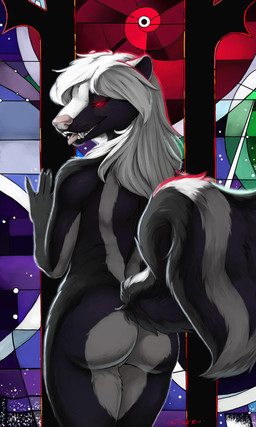 5_fingers against_surface against_wall anthro black_body black_fur butt female fingers fur glass glowing glowing_eyes grey_body grey_fur hair long_hair looking_at_viewer looking_back multicolored_body multicolored_fur nude raised_tail rear_view red_eyes sharp_teeth solo stained_glass standing stripes tail teeth tongue tongue_out white_body white_fur white_hair truegrave9 eve_hawthorne mammal mephitid skunk vampire 2017 3:5 hi_res portrait three-quarter_portrait