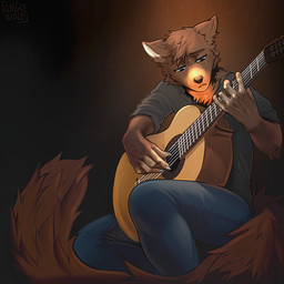 5_fingers acoustic_guitar anthro blue_eyes clothed clothing eyebrows eyelashes fingers guitar male musical_instrument plucked_string_instrument solo string_instrument angiewolf kuniichka gulonine mammal marten mustelid musteline sable_(marten) 1:1 2020 digital_media_(artwork)