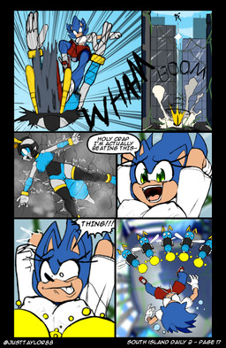 anthro areola bottomwear city clothing cracks crop_top crossgender duo eyelashes female footwear genitals green_eyes kick machine mtf_crossgender nipples outside plump_labia shirt shoes shorts sneakers socks spread_legs spreading text topwear vulva justtaylor sega sonic_the_hedgehog_(series) lilith_(blitscreet) sonic_the_hedgehog android badnik buzzbomber eulipotyphlan hedgehog living_machine mammal robot absurd_res comic english_text hi_res