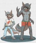 4_fingers 4_toes adolescent anthro boxer_briefs brown_eyes clothing duo eyes_closed eyewear feet fingers fur glasses grey_body grey_fur male navel open_mouth pajamas simple_background standing toes underwear white_background young young_anthro harmarist sheath_and_knife alex_(harmarist) will_(harmarist) canid canine canis mammal wolf brother_(lore) brothers_(lore) sibling_(lore)