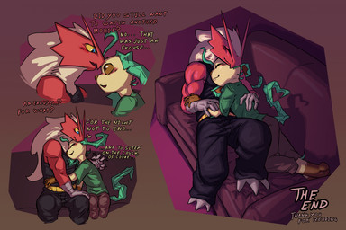 anthro biped black_clothing blue_eyes blush blush_lines bottomwear brown_eyes clothed clothed_male clothing cuddling dialogue digitigrade eyes_closed furniture heart_symbol hug male male/male male_anthro on_sofa pants red_body shirt simple_background sitting sitting_on_sofa sleeping sleeping_on_sofa sleeping_together sofa tail text topwear vonepitaph nintendo pokemon byron_(vonepitaph) kale_(vonepitaph) blaziken eeveelution generation_3_pokemon generation_4_pokemon leafeon pokemon_(species) 2025 comic digital_media_(artwork) english_text hi_res