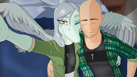 anthro bald bedding bedroom biped black_clothing black_crop_top black_shirt black_topwear blanket breasts canon_couple clothed clothed_anthro clothed_female clothed_human clothed_male clothing crop_top duo elbow_feathers feathered_wings feathers female fingers front_view green_clothing green_jacket green_topwear grey_body grey_feathers grey_hair hair half-closed_eyes human_on_anthro humanoid_hands inside interspecies jacket jewelry long_hair looking_at_viewer male male/female midriff narrowed_eyes necklace non-mammal_breasts one_eye_closed open_clothing open_jacket open_topwear orange_eyes pillow romantic romantic_couple selfie shirt side_hug sitting small_breasts smile stubble tired topwear wings areloch cavemanon_studios goodbye_volcano_high ko_op_(game_developer) snoot_game anon_(snoot_game) fang_(gvh) human mammal prehistoric_species pterodactylus pterosaur reptile scalie 16:9 shaded widescreen