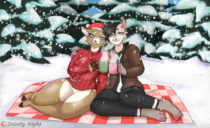 5_toes anthro barefoot bedding beverage black_body black_fur black_hair blanket blush blush_lines bottomless brown_body brown_clothing brown_fur brown_jacket brown_topwear candy chocolate christmas_clothing christmas_headwear clothed clothed_anthro clothed_female clothed_male clothing cloven_hooves container cup dessert digitigrade duo evergreen_tree feet female fingerless_(marking) fingerless_gloves_(marking) fingers flannel_shirt food fur gloves_(marking) green_eyes hair hair_over_eye hat headgear headwear holidays hooved_fingers hooves hot_chocolate hug jacket male male/female markings marshmallow mug multicolored_body multicolored_eyes multicolored_fur nails partially_clothed patreon_logo paws pine_tree pink_body pink_fur pink_stripes plant santa_hat short_tail smile snow snowing steam stripes tail tan_body tan_fur thick_thighs toes topwear tree white_body white_fur white_stripes wide_hips trinitynight christmas patreon victor_(funkwolfie) vivian_(funkwolfie) american_opossum deer mammal marsupial new_world_deer white-tailed_deer absurd_res hi_res signature watermark