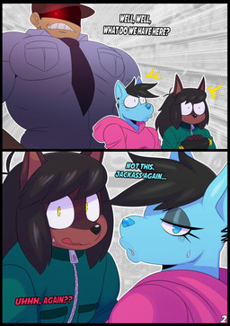 anthro black_hair blue_body blue_fur brown_body brown_fur brown_hair chubby_girly clothing dialogue eyeshadow femboy fur group hair hoodie jacket larger_male long_hair makeup male mohawk piercing size_difference slightly_chubby slightly_chubby_male stealing text topwear trio sssonic2 jason_(mr5star) lucas_(sssonic2) canid canine canis domestic_dog human mammal 2020 absurd_res comic digital_media_(artwork) english_text hi_res