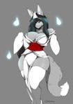 anthro asian_clothing big_breasts bottomwear breasts clothing east_asian_clothing female fur grey_body grey_fur headgear headwear japanese_clothing legwear loincloth looking_at_viewer nipples one_eye_closed red_eyes simple_background stockings thick_thighs 9live canid canine fox ghost mammal spirit absurd_res hi_res