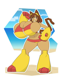 anthro big_breasts breasts brown_eyebrows brown_hair brown_tail clothing eyebrows female hair huge_breasts hyper hyper_breasts looking_at_viewer solo standing swimwear tail whiskers thelazydreamer gameoverse glitch_productions kit_bodega domestic_cat felid feline felis mammal 2026 absurd_res hi_res