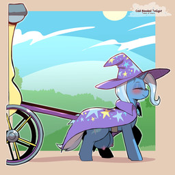 big_teats blue_hair blue_tail blush cape clothing cutie_mark day eyelashes eyes_closed female feral hair hat headgear headwear hooves horn nipples outside pink_nipples quadruped solo tail teats text unicorn_horn witch_hat cold-blooded-twilight friendship_is_magic hasbro my_little_pony mythology trixie_(mlp) equid equine mammal mythological_creature mythological_equine unicorn 1:1 2025 artist_name english_text hi_res