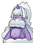 alternate_species big_breasts breasts clothing cloud female fusion hair hair_over_eyes horn huge_breasts navel ponytail purple_body purple_horn short_hair simple_background slightly_chubby smile solo topwear under_boob white_background white_clothing white_hair white_topwear wide_hips peanutman243 goddess_of_victory:_nikke palworld pocketpair elegg_(nikke) dazzi_(pal) horned_humanoid humanoid pal_(species) absurd_res hi_res