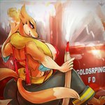 anthro areola big_breasts blush breasts clothing costume female firefighter fur hose muscular muscular_female pink_areola side_boob soap solo sponge tail teeth tongue tongue_out truck_(vehicle) vehicle water wet lovespell nintendo pokemon floatzel generation_4_pokemon pokemon_(species) 1:1 hi_res