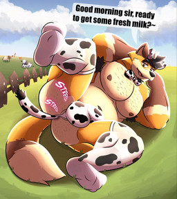 anal anal_penetration animal_print animal_print_thigh_highs anthro anus armpit_hair balls_outline black_hair body_hair brown_body brown_fur brown_nipples bulge butt buttplug buttplug_in_ass buttplug_insertion buttplug_tail clothed clothing cow_print cow_print_thigh_highs detailed_bulge dialogue dipstick_tail fake_tail fur genital_outline gloves_(marking) hair half-closed_eyes interrobang legwear looking_at_viewer lying male markings narrowed_eyes nipples object_in_ass on_side onomatopoeia outside pantsless pattern_clothing pattern_legwear pattern_thigh_highs penetration penis_outline plug_(sex_toy) plug_insertion presenting presenting_hindquarters raised_leg sex_toy sex_toy_in_ass sex_toy_insertion solo sound_effects speech_bubble tail tail_markings talking_to_viewer tan_body tan_fur text thick_thighs thigh_highs topless yellow_body yellow_fur lalo_manias ambient_cow canid canine fox mammal english_text hi_res