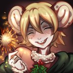 anthro blonde_hair christmas_clothing clothing femboy fur hair happy holidays male markings smile solo sparkler spots spotted_body spotted_fur winter rogbiejoke christmas new_year buddy_cassini mammal murid murine rat rodent digital_media_(artwork) portrait