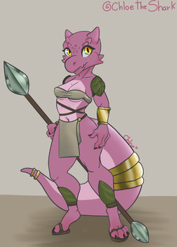 andrellian anthro areola claws colored-in countershading female gold_(metal) gold_jewelry holding_object holding_weapon horn jewelry melee_weapon pale_countershading pink_body pink_countershading pink_scales polearm scales simple_background solo spear talara tan_background universe weapon yellow_eyes chloetheshark emily_(zeniethelionboy) kobold scalie absurd_res colored hi_res