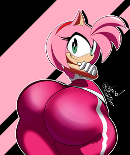 accessory anthro big_butt black_background black_nose bottomwear bubble_butt butt clothing crossed_arms eyelashes female fur gloves green_eyes hair hair_accessory handwear head_tuft headband huge_butt huge_thighs looking_at_viewer looking_back pants pattern_background pink_background pink_body pink_bottomwear pink_clothing pink_fur pink_hair pink_pants pink_shirt pink_topwear shirt simple_background smile solo striped_background sweatpants tan_body tan_skin thick_thighs toony topwear tuft white_clothing white_shirt white_topwear wide_hips needarefill77 sega sonic_riders sonic_the_hedgehog_(series) amy_rose eulipotyphlan hedgehog mammal absurd_res hi_res