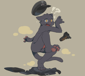 anthro balls belt biped black_body black_fur bodily_fluids buckle cheek_tuft claws clothing discarded_clothing emanata facial_tuft finger_claws fingerpads flying_sweatdrops fur genitals gun handgun hat headgear headwear interrobang luger male male_anthro military_cap military_uniform nude nude_anthro nude_male on_one_leg pawpads paws penis pistol plantigrade ranged_weapon shocked simple_background solo standing surprised sweat sweatdrop tail toe_claws tuft uniform weapon whiskers yellow_eyes huka domestic_cat felid feline felis mammal 2017 digital_media_(artwork) hi_res