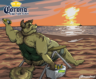 alcohol back_rolls beach beach_chair beer belly beverage butt clothing cooler detailed_background double_chin drinking male moobs nipples obese obese_male outside overweight overweight_male rear_view seaside sunset swimwear text southernyote anheuser-busch_inbev_sa/nv corona_(beer) canid canine canis domestic_dog german_shepherd herding_dog mammal pastoral_dog 2022 artist_name english_description english_text hi_res