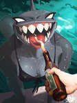 alcohol anthro beer beer_bottle beverage big_mouth_(anatomy) big_teeth bottle clothing container feeding female first_person_view gesture looking_at_veiwer mouth_shot open_mouth suggestive suggestive_gesture swimwear tongue tongue_out water wet el-k brea_(el-k) fish marine shark absurd_res hi_res