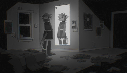 alternative_fashion anthro bed candle clothes_on_floor clothing feet female footwear fur furniture gender_euphoria hair hair_over_eye inside looking_at_reflection messy_room mirror navel paws poster_(object) socks solo stirrup_socks tail toes window lundi mammal mouse murid murine rodent 2025 greyscale hi_res monochrome nonbinary_(lore) trans_(lore)