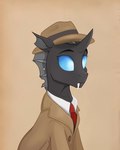 black_body blue_eyes clothed clothed_feral clothing fangs feral grey_mane horn male mane simple_background solo teeth trilby_(hat) rutkotka friendship_is_magic hasbro my_little_pony closed_case_(oc) fan_character arthropod changeling hi_res