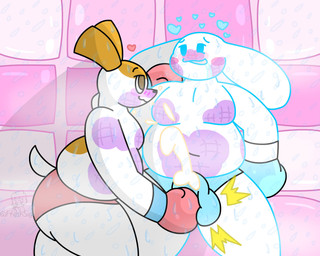 against_surface against_wall anthro ball_punching blush bodily_fluids boxing_gloves bruised clothing cum cum_in_clothing cum_through_clothing duo genital_fluids handwear heart_symbol male male/male wet wet_clothing thefreshsig cinnamoroll mr._driller sanrio puchi canid canine canis domestic_dog mammal absurd_res alternate_version_at_source hi_res