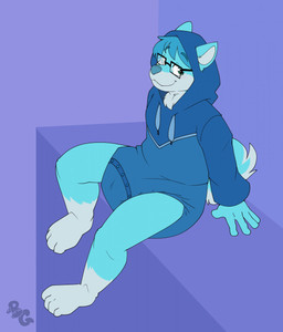 4_toes 5_fingers ambiguous_gender anthro big_diaper black_eyewear black_glasses blue_body blue_clothing blue_ears blue_fur blue_hair blue_hoodie blue_nose blue_onesie blue_tail blue_topwear blush blush_lines button_(fastener) clean_diaper clothed clothing diaper diaper_under_clothing diaper_under_onesie eyewear feet fingers fur geometric_background glasses hair high-angle_view hoodie leg_markings logo markings onesie rectangular_glasses simple_background sitting smile snapsuit socks_(marking) solo tail three-quarter_view toes topwear wearing_diaper wearing_glasses bubblepuppers pagos_volkor canid canine canis mammal wolf artist_logo full-length_portrait hi_res portrait male_(lore)