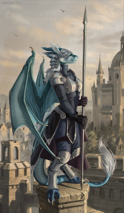 amazing_background anthro armor biped black_clothing bottomwear clothing detailed_background female greaves hair headgear helmet holding_melee_weapon holding_object holding_polearm holding_spear holding_weapon long_hair melee_weapon membrane_(anatomy) membranous_wings outside pants pauldron polearm poleyn smile solo spear town weapon white_hair wings nikkimory european_mythology mythology azure_(azurevi2) dragon mythological_creature mythological_scalie scalie western_dragon 2026 detailed digital_media_(artwork) hi_res