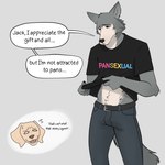 anthro belt bodily_fluids bottomwear claws clothed clothing cutaway denim denim_bottomwear denim_clothing dialogue duo eyebrows fur grey_background humor jeans lgbt_pride male midriff muscular muscular_anthro muscular_male pansexual_pride_colors pants pride_colors shirt simple_background solo_focus standing stated_pansexuality stated_sexuality sweat sweatdrop t-shirt text text_on_clothing text_on_shirt text_on_topwear topwear tuft casssenpaii beastars jack_(beastars) legoshi_(beastars) bird_dog canid canine canis domestic_dog hunting_dog labrador mammal retriever wolf 2024 english_text hi_res