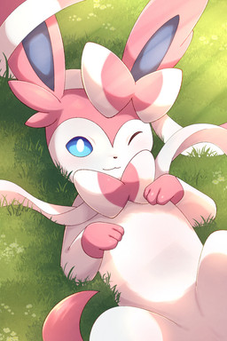 3_toes ambiguous_feral ambiguous_gender black_nose blue_eyes blue_inner_ear bow_(anatomy) day digitigrade feet feral flower fur grass light light_beam looking_at_viewer looking_up looking_up_at_viewer lying mouth_closed multicolored_body multicolored_fur nature on_back one_eye_closed outside paws pink_body pink_ears pink_fur plant pupils quadruped ribbons_(anatomy) solo sunbeam sunlight toes two_tone_body two_tone_fur white_body white_flower white_fur white_pupils rumine nintendo pokemon eeveelution generation_6_pokemon mammal pokemon_(species) sylveon 2026 2:3 hi_res lighting shaded