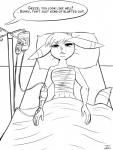 anthro bandage bed bedding blanket breasts fangs female furniture hair hospital intravenous navel pillow pokemorph solo speech_bubble teeth text wounded balddumborat nintendo pokemon eva_keli eeveelution generation_2_pokemon pokemon_(species) umbreon 2019 english_text monochrome story story_in_description