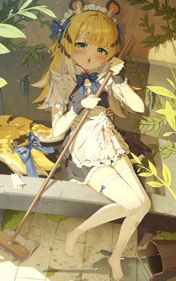accessory animal_ears apron black_clothing blush cleaning_tool clothing detailed_background feet female furgonomics green_eyes holding_cleaning_tool holding_mop holding_object leaf legwear light_body light_skin maid_headdress maid_uniform markings mop ribbons sitting solo stockings striped_markings striped_tail stripes tail tail_accessory tail_markings tail_ribbon thigh_highs toes uniform white_apron white_clothing wristband young young_female young_humanoid maerumui mihoyo zenless_zone_zero ju_fufu animal_humanoid felid felid_humanoid humanoid mammal mammal_humanoid pantherine pantherine_humanoid thiren tiger_humanoid 2025 absurd_res hi_res