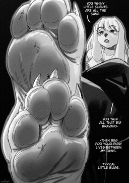 4_toes anthro claws cruelty dialogue extreme_size_difference feet female foot_focus micro micro_abuse pawpads size_difference solo text toe_claws toes guireyart canid canine canis domestic_dog mammal 2026 black_and_white english_text hi_res monochrome