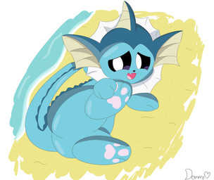 artwork_signature beach belly black_sclera blue_body chibi fangs feral fin fur looking_back lying open_mouth pawpads paws pink_pawpads playful quadruped raised_paw sand simple_background smile solo spreading tail teeth white_eyes demmy nintendo pokemon eeveelution generation_1_pokemon mammal pokemon_(species) vaporeon digital_media_(artwork) hi_res