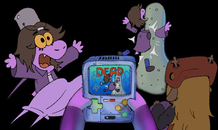 blonde_hair bucket_hat clothed clothing electronics female game_console hair hat headgear headwear open_mouth text yellow_sclera iluvrabbitz deltarune nickelodeon spongebob_squarepants undertale_(series) noelle_holiday susie_(deltarune) deer mammal new_world_deer reindeer scalie absurd_res hi_res