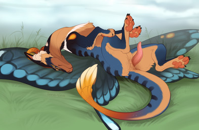 4_toes animal_genitalia anus black_claws blue_body blue_fur blue_wings claws countershade_face countershade_fur countershade_tail countershade_torso countershading feet feral fur genital_slit genitals grass horn insect_wings lepidopteran_wings long_tail looking_at_viewer lying lying_on_grass male male_feral multicolored_body multicolored_fur nature nature_background on_back on_grass on_ground outside paws penis pink_penis plant quadruped smile smiling_at_viewer solo tail tan_body tan_fur tapering_penis toe_claws toes wings yellow_sclera inno-sjoa mythology aster_(dskid48) dragon furred_dragon furred_scalie mythological_creature mythological_scalie scalie hi_res