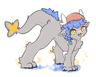 4_toes all_fours ambiguous_gender anthro black_pawpads blue_body blue_fur chest_tuft claws clothing feet feral fur grey_body grey_fur hat hat_only headgear headgear_only headwear headwear_only inner_ear_fluff looking_at_viewer mostly_nude open_mouth open_smile pawpads paws side_view skinny_ambiguous skinny_anthro smile snout solo tail tail_tuft toes tongue tuft white_sclera yellow_eyes yellow_tongue gagaga_ram mythology reyong-i dragon furred_dragon furred_scalie mythological_creature mythological_scalie scalie wingless_dragon digital_drawing_(artwork) digital_media_(artwork) hi_res korean_description shaded